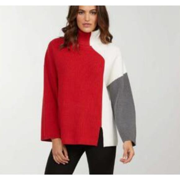 Badgley Mischka Sweaters - Badgley Mischka Turtleneck Sweater Womens Small Colorblock Red White Gray Ribbed